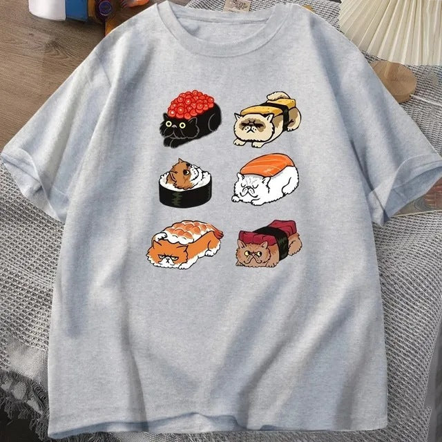 T-shirt Kawaii Cute Cat Sushi pour l'été