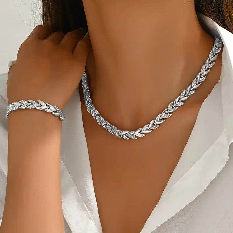 2PCS Collier de collier de feuille de verre Set Élégant collier chaîne en Strass Bracelet pour femme Mode