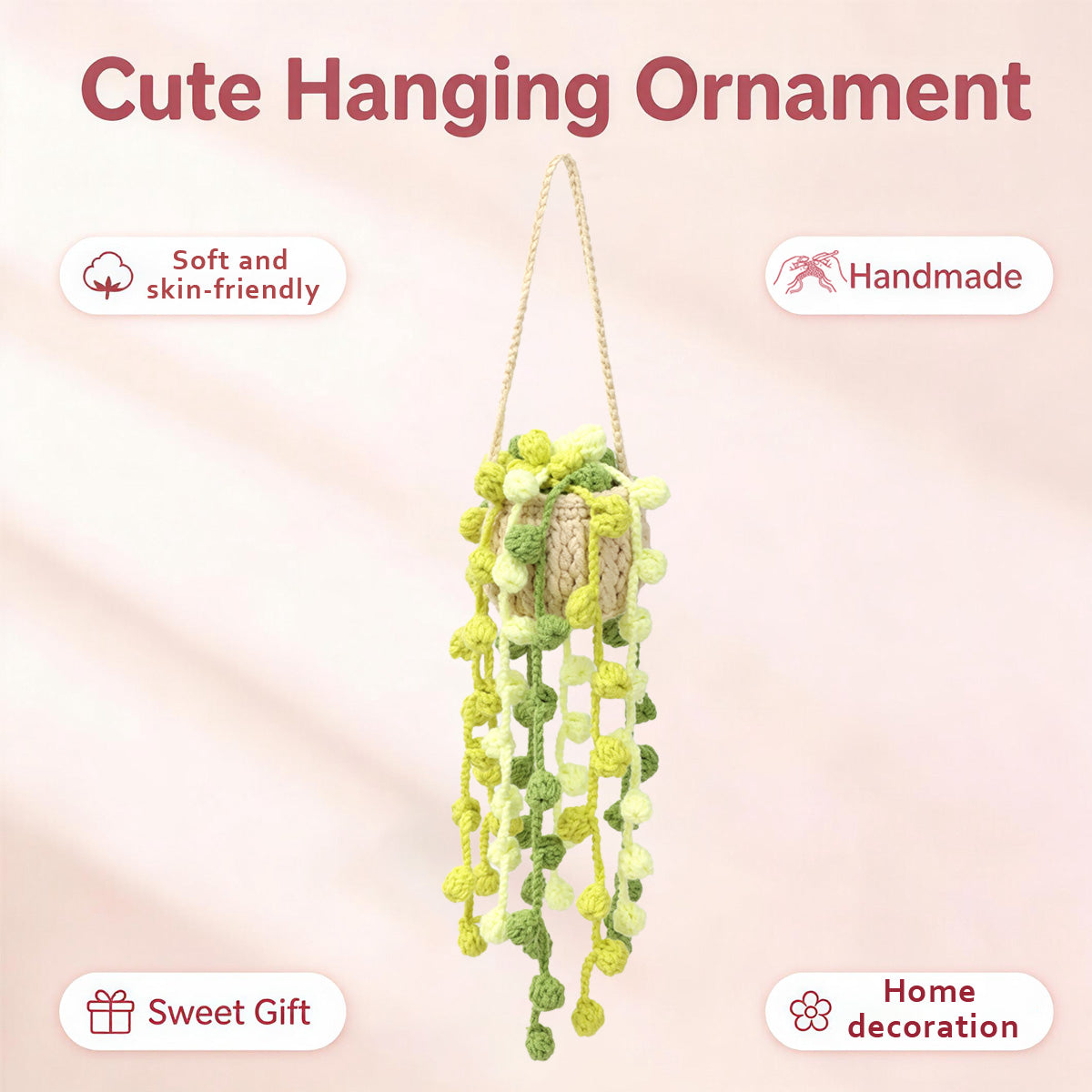 Crochet fait main suspendu Pot ornement avec trailing jaune Bulbous verts Buds et feuille