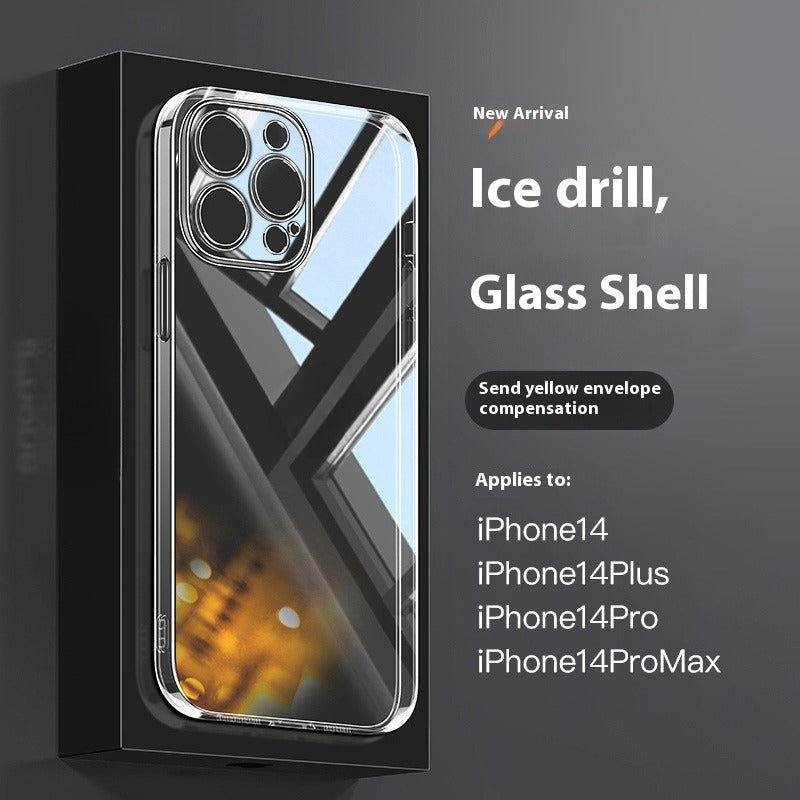 Boîtier de téléphone transparent en verre à trou fin résistant à la chute
