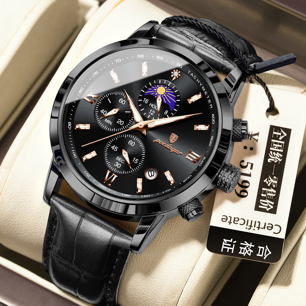 Montre homme avec phase lune et chronographe multifonction