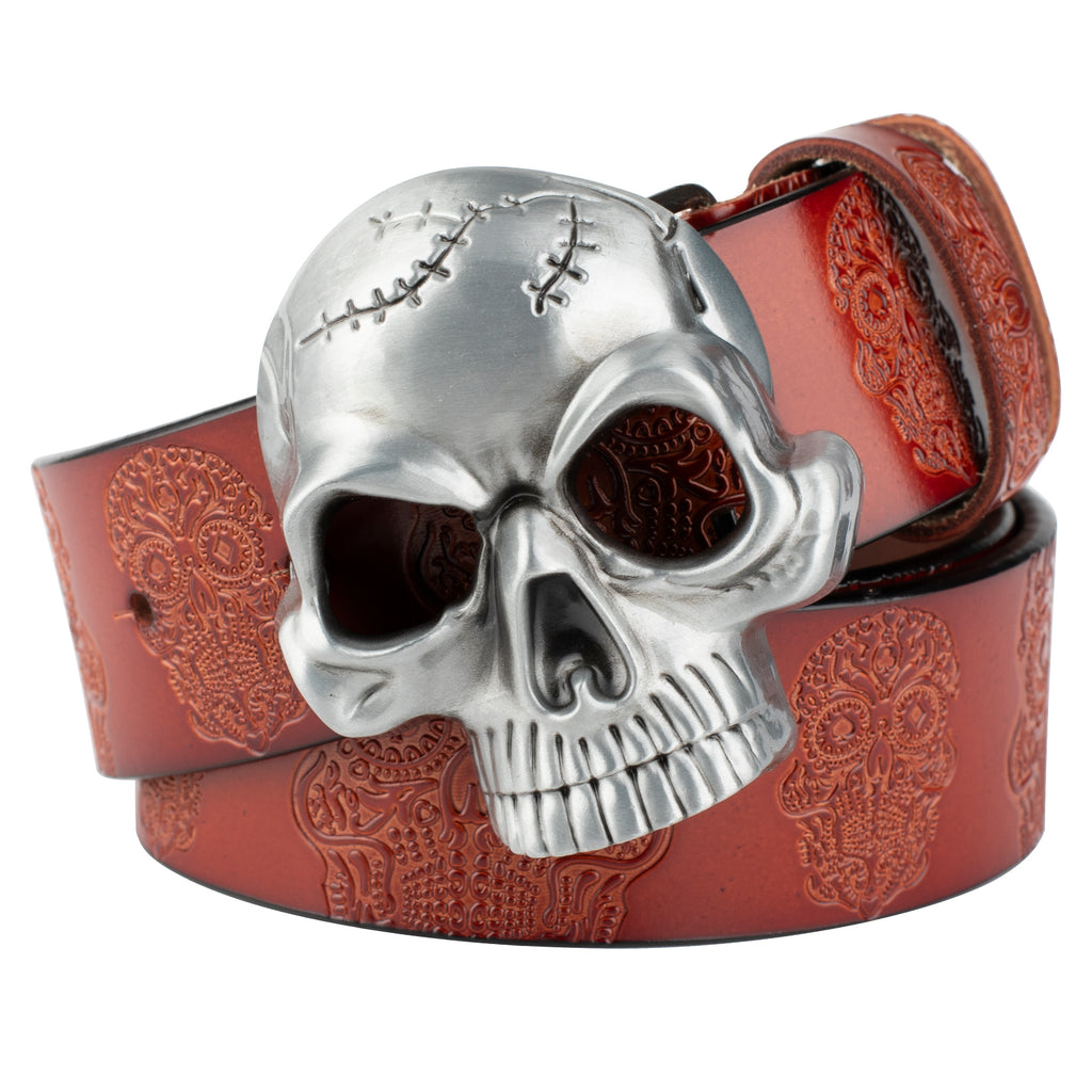 Ceinture en cuir avec tête de fantôme embossée et boucle de crâne lisse