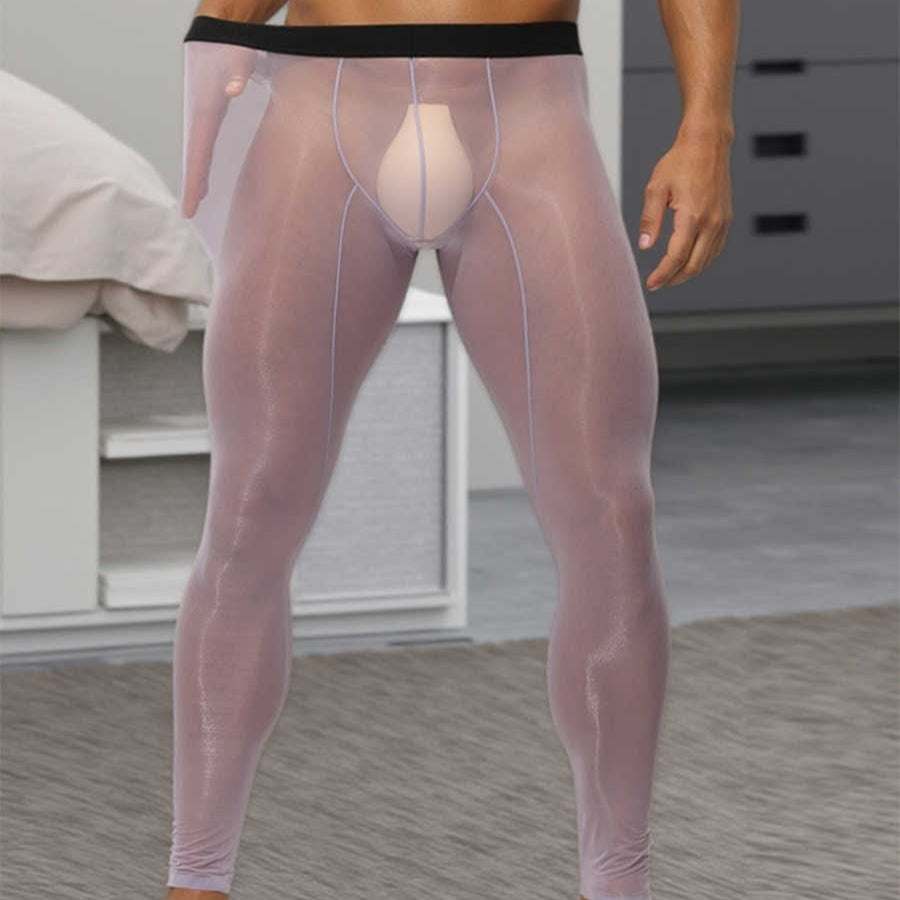 Les hommes ultra-mince soie de glace Skinny taille basse Nude de chair Reflective Slim Leggings