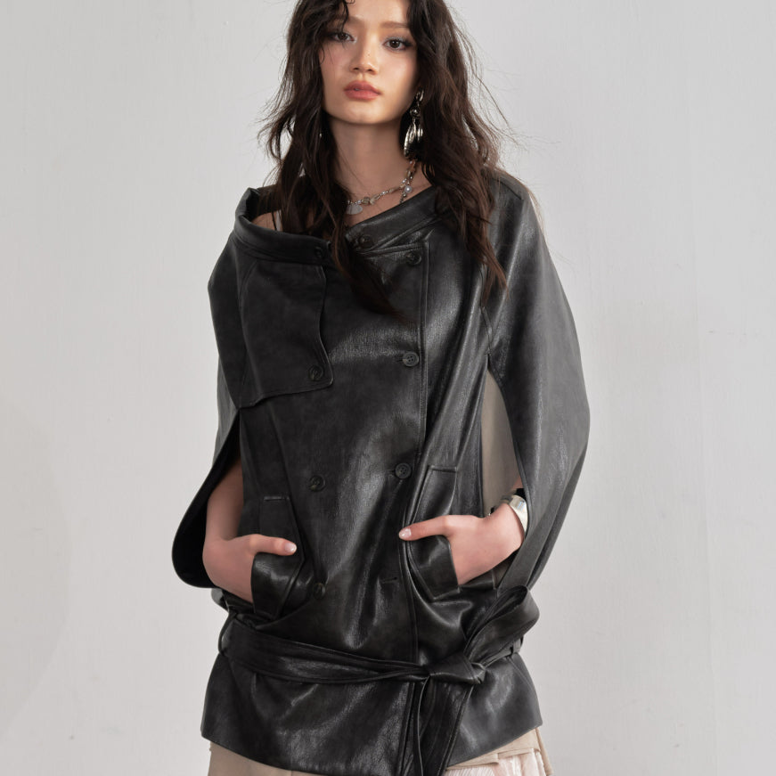 Ebony brun PU en cuir de cape style manteau