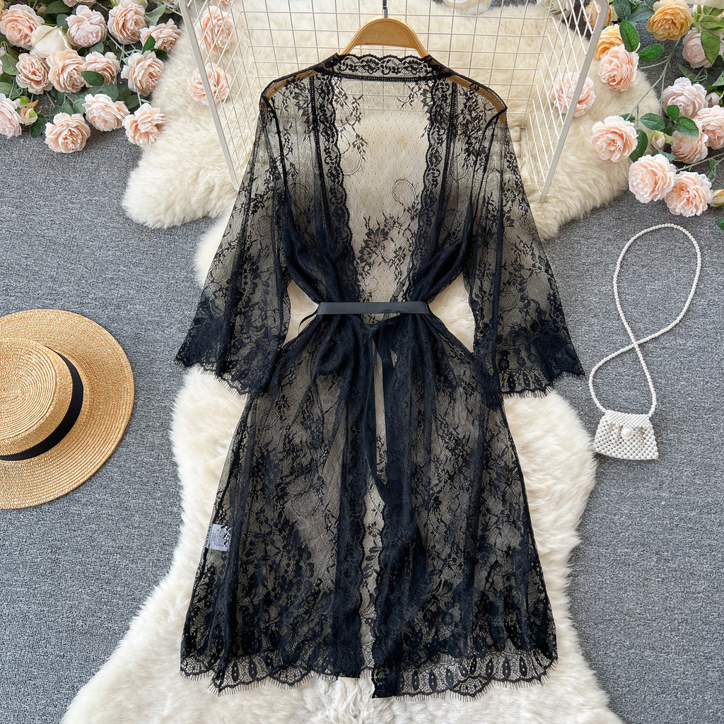 Mode Femmes Mesh Dentelle Robe de nuit Cardigan
