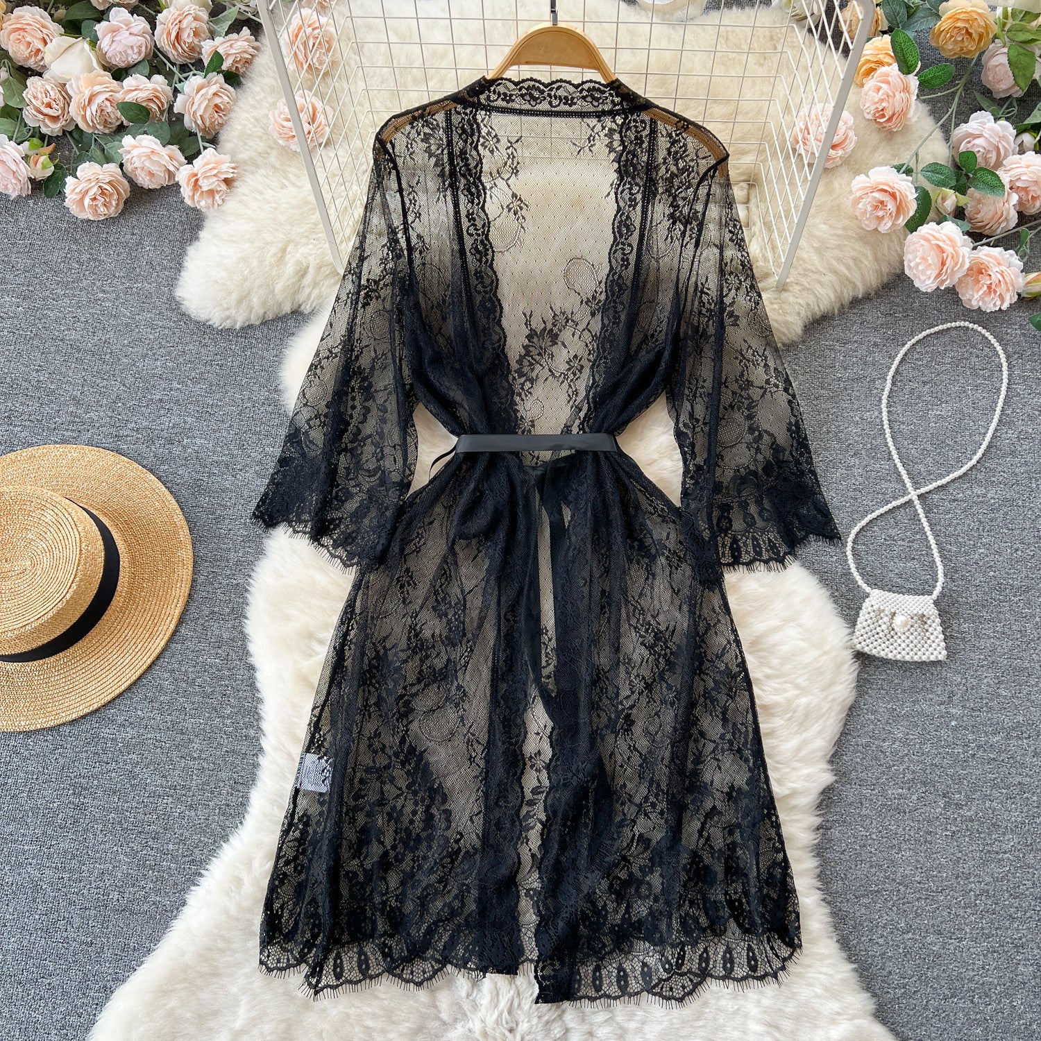Mode Femmes Mesh Dentelle Robe de nuit Cardigan