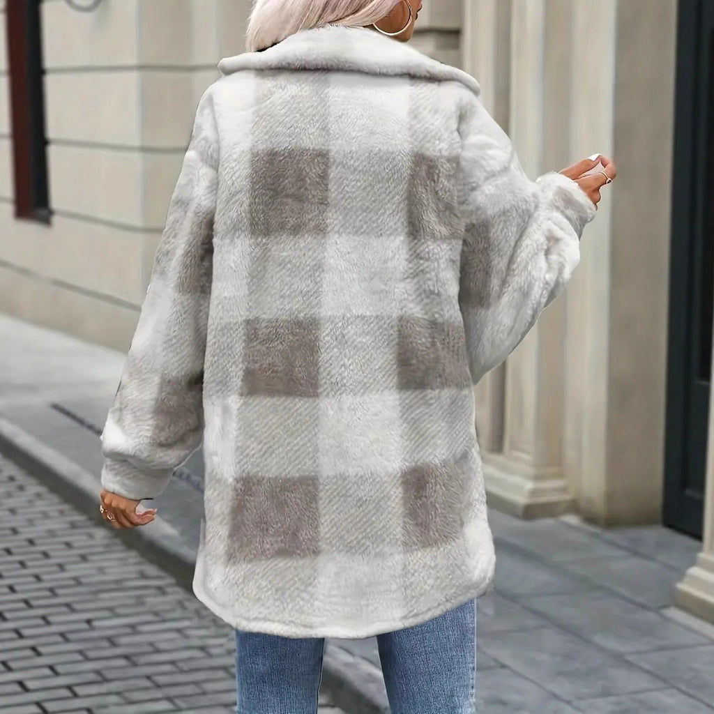 Femmes Automnehiver Lambswool Lapel Enduit à manches longues en Plaid Casual