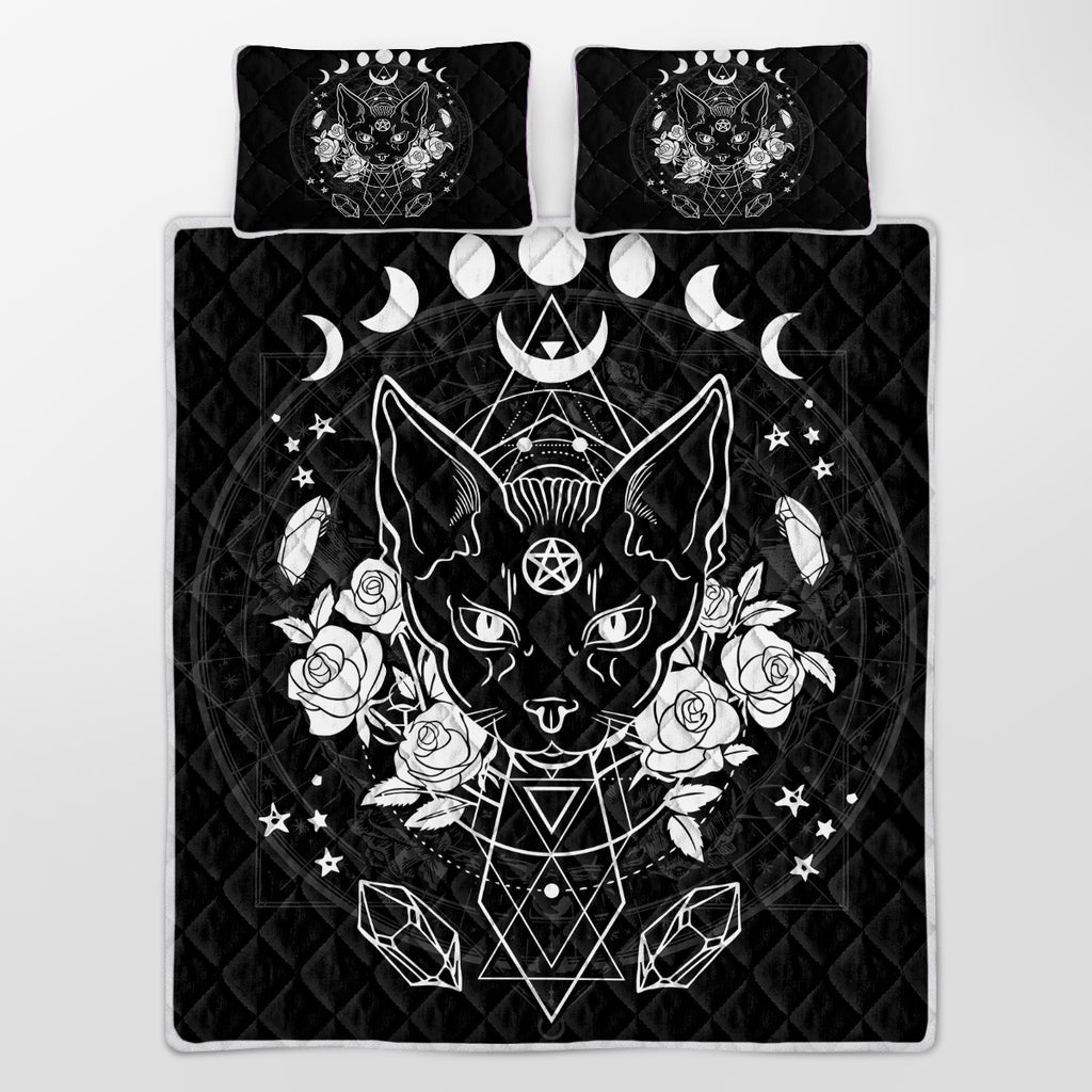 3-Piece Cat Printed Quilt Set Soft Lightweight Microfiber Bedspread Black and Whi