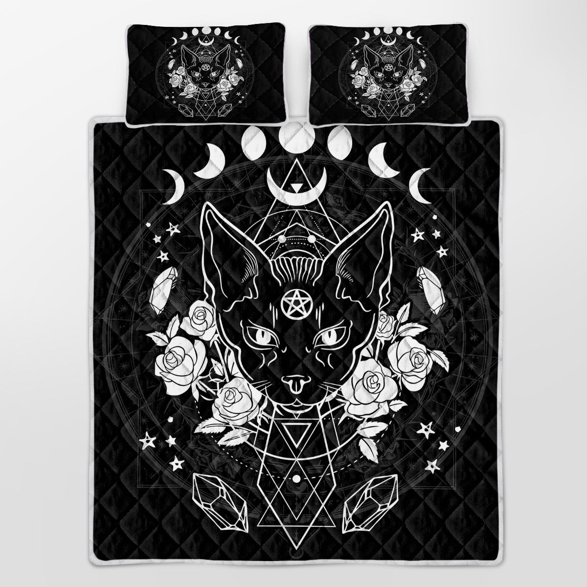 3-Piece Cat Printed Quilt Set Soft Lightweight Microfiber Bedspread Black and Whi