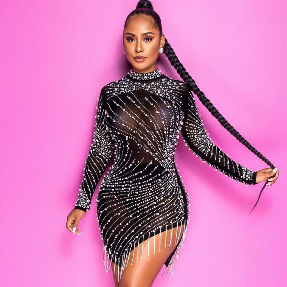 Lourd Industrie Perle Strass Stretch Side Seam Tassel Robe courte