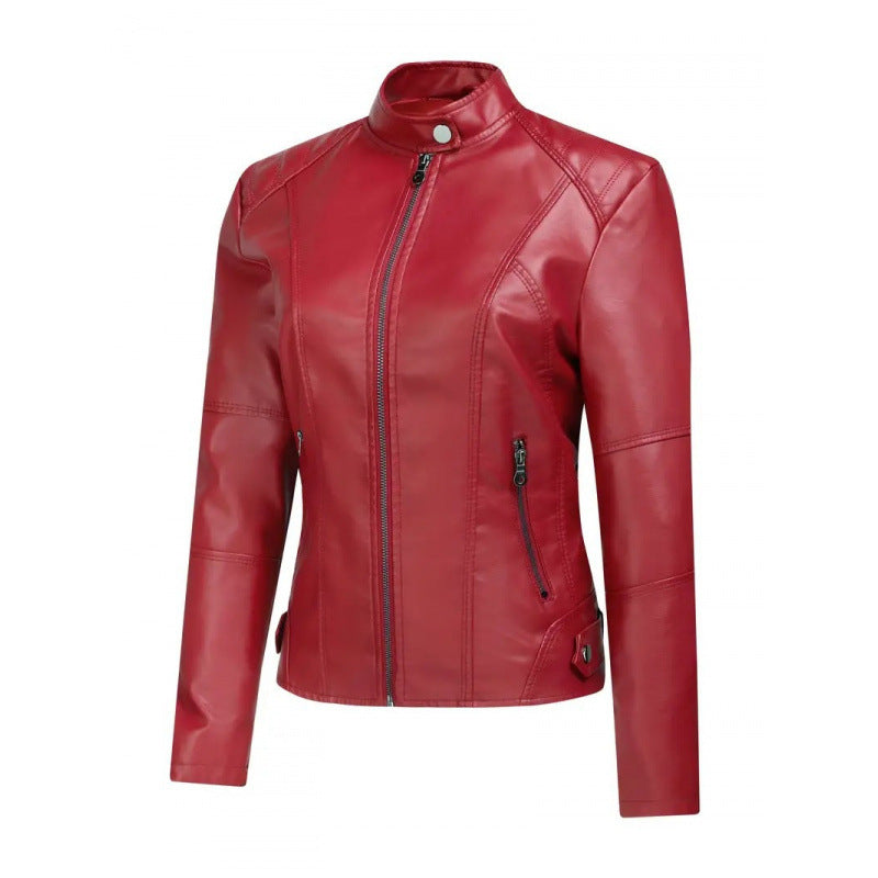 Women's Washed Leather Short Fashion Zip Jacket