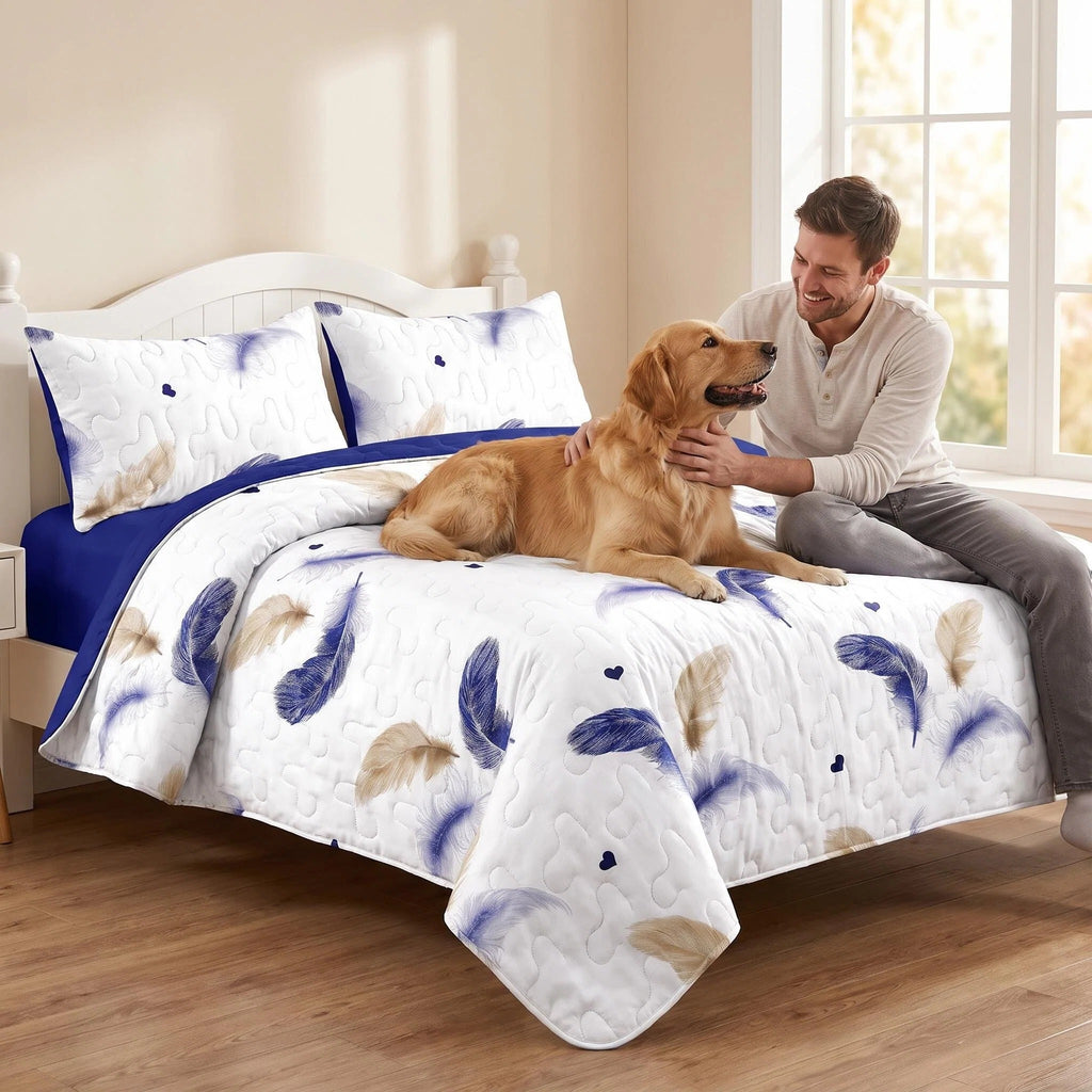 3 pièces blanc or et bleu plume lit couvre-couche pour roi et roi de Californie