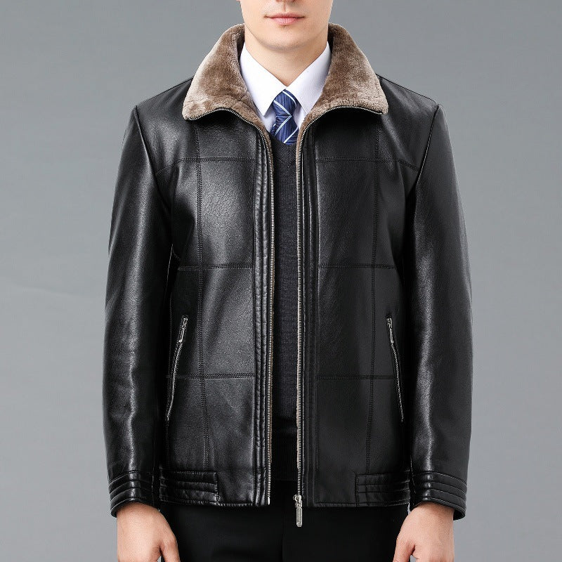 Véritable manteau en cuir et fourrure d'une seule pièce avec un lapel doublé de polaire pour plus de chaleur