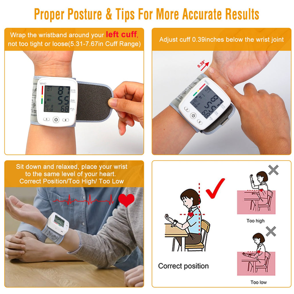 1Pc Blood Pressure Monitor Wrist Digital High Blood Pressure Cuff Heartbeat Tester avec 90