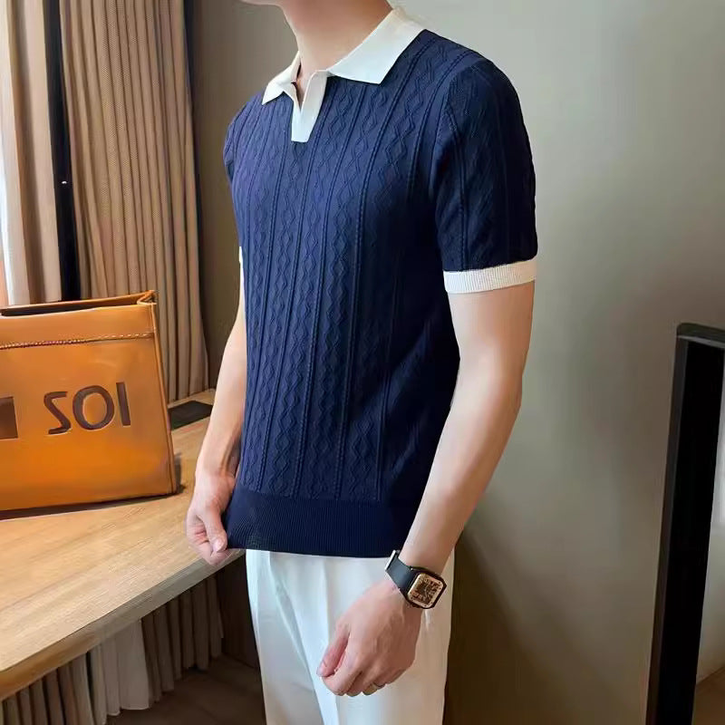 Trendy Polo Homme Chemise V Lapel Stretch Jacquard Texture Slim-fit à manches courtes tricoté vers