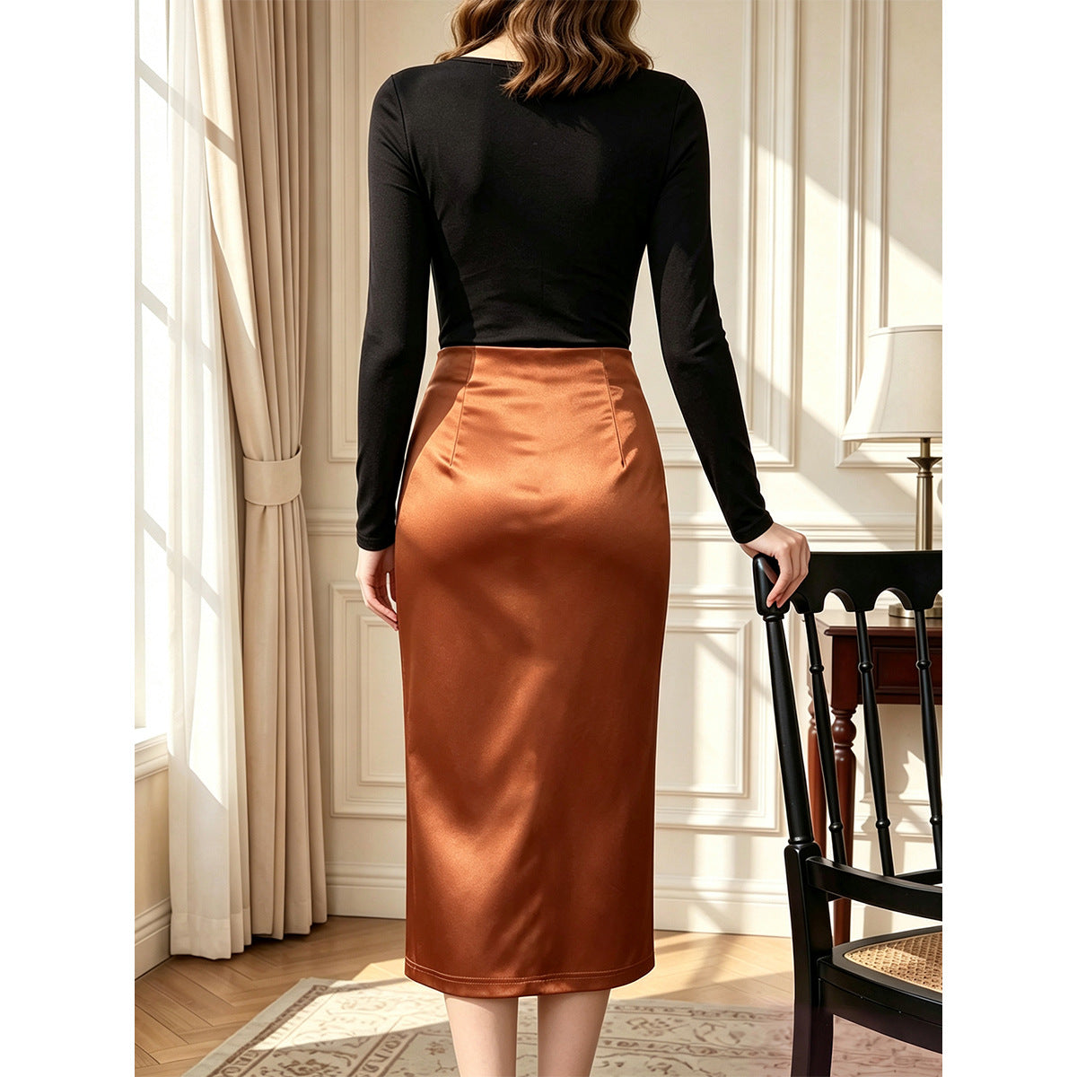 Jupe satinée européenne et américaine de couleur caramel pour femmes