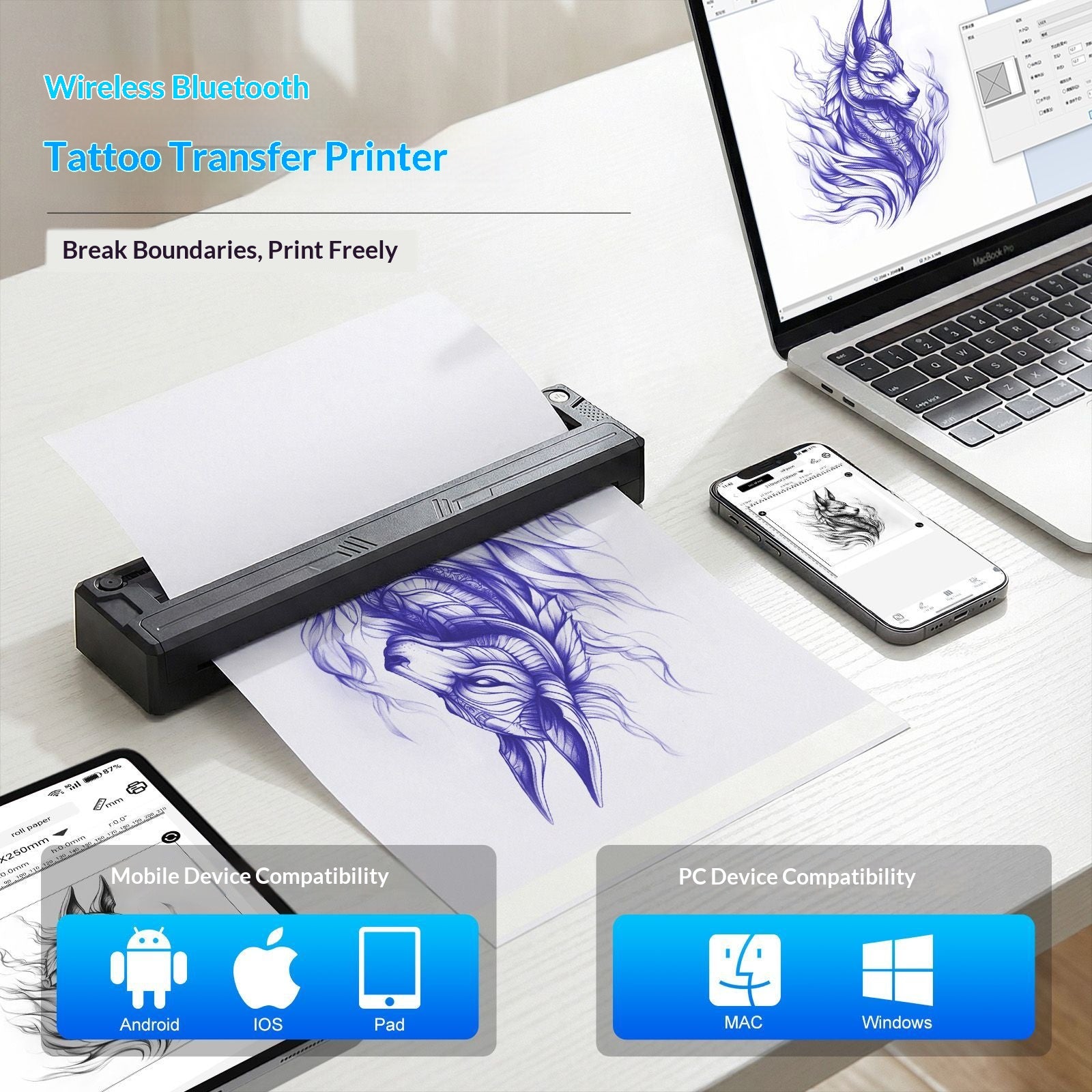 12pc M8 machine de transfert d'imprimante thermique HD tatouage sans encre portable Bluetooth universel Fo