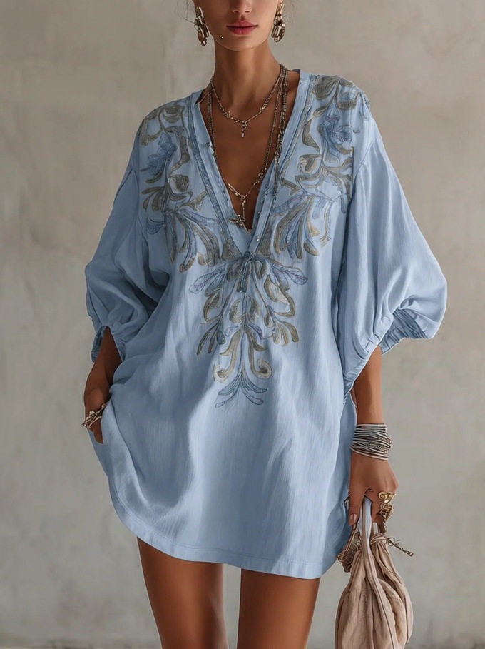 Robe à col V profond à imprimé floral avec un petit motif herbacé