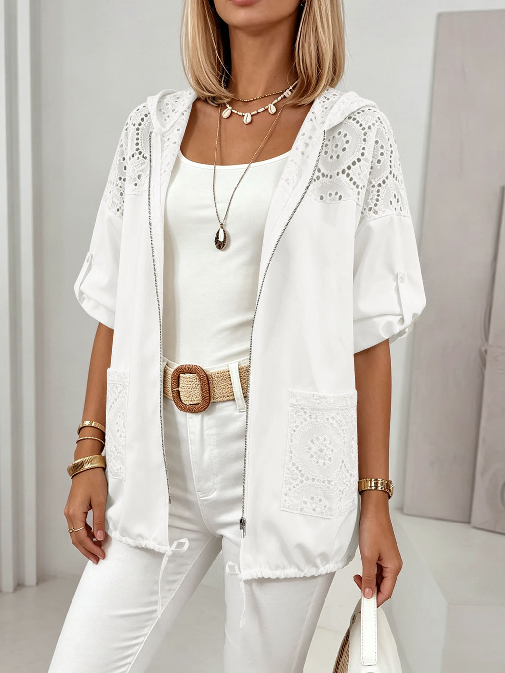 Femmes Dentelle blanche Patchwork Veste à manches courtes à capuchon