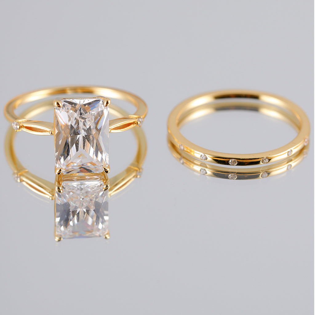S925 Argent plaqué or 3,5ct Coupe émeraude Moissanite bague de mariage ensemble D Couleur VVS1 Taille US
