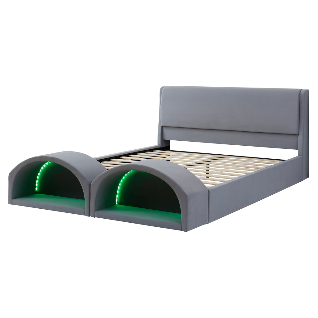 Cadre de lit de plate-forme rembourré de taille Queen avec double grottes Cat