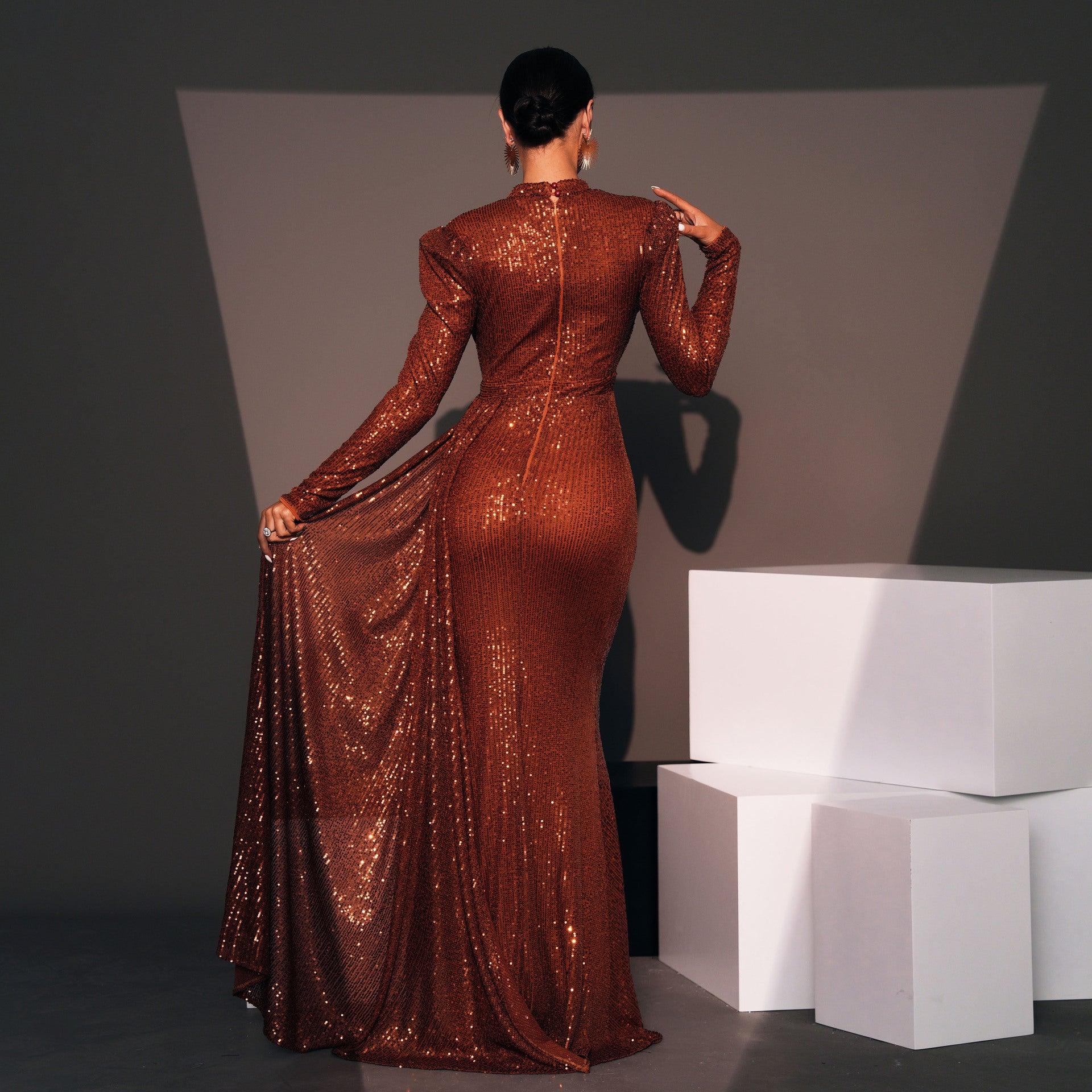 Manches longues Col rond Sexy Slim Robe de banquet longue pailletée