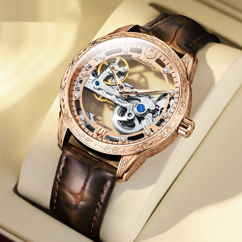 Montre mécanique openwork avec bracelet en cuir imperméable pour hommes
