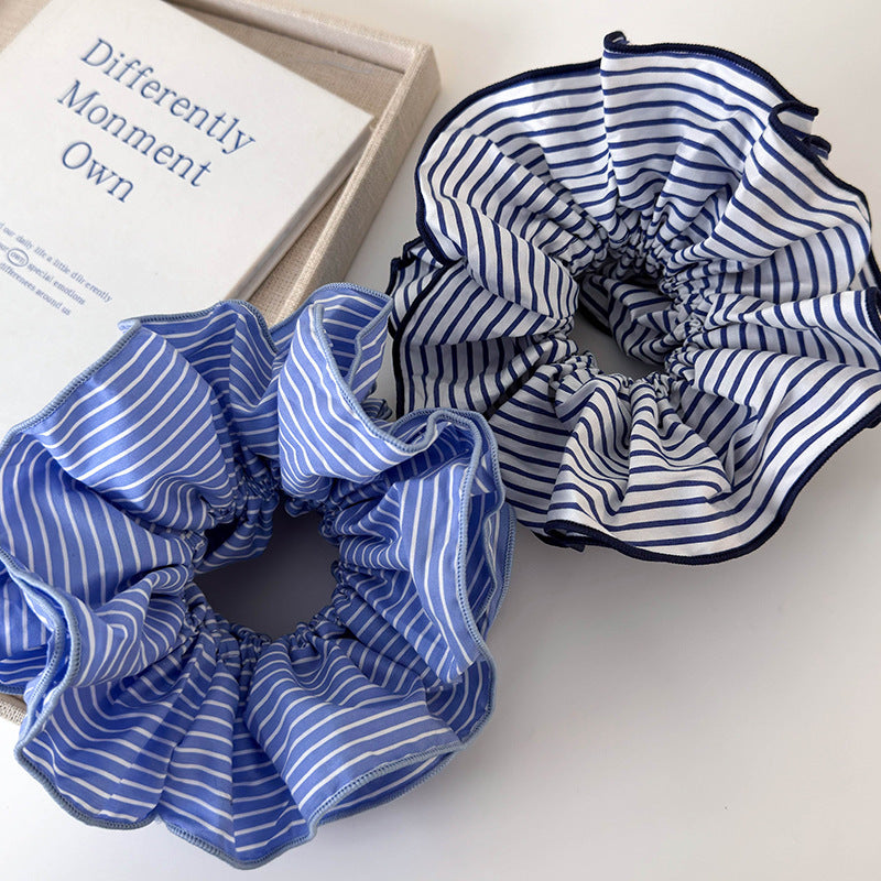 Sweet Blue rayé double couche Grande bague de cheveux intestinale Accessoires de cheveux tout-match