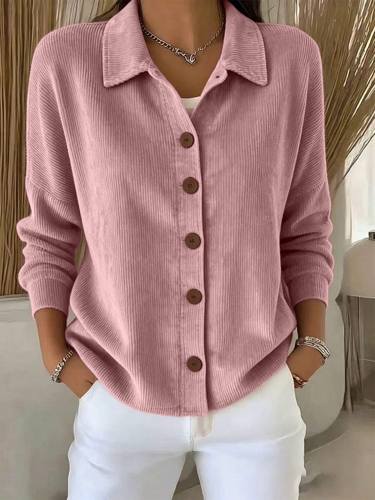 Européen et américain Solid Color Cardigan à manches longues Casual Fashion Button-Up Top Femmes'