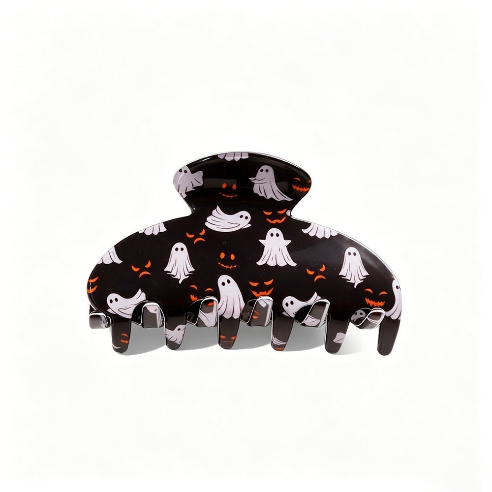 Clip de griffe de requin d'Halloween - Ghost Pumpkin Black Cat Print Hair Accessory for Women Girls P