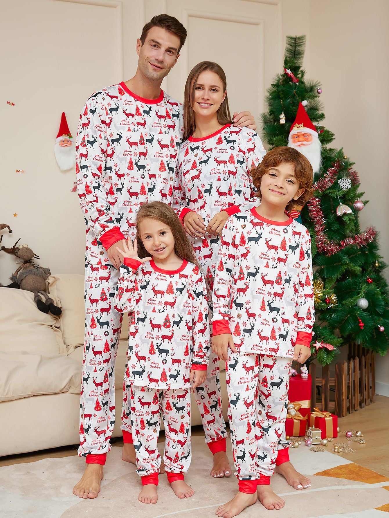 Cartoon Flower Deer Imprimer Pyjamas de Noël pour parents et enfants
