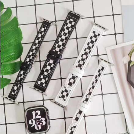 Iwatch7 654321 Black and White Checker Toile Bracelet en cuir
