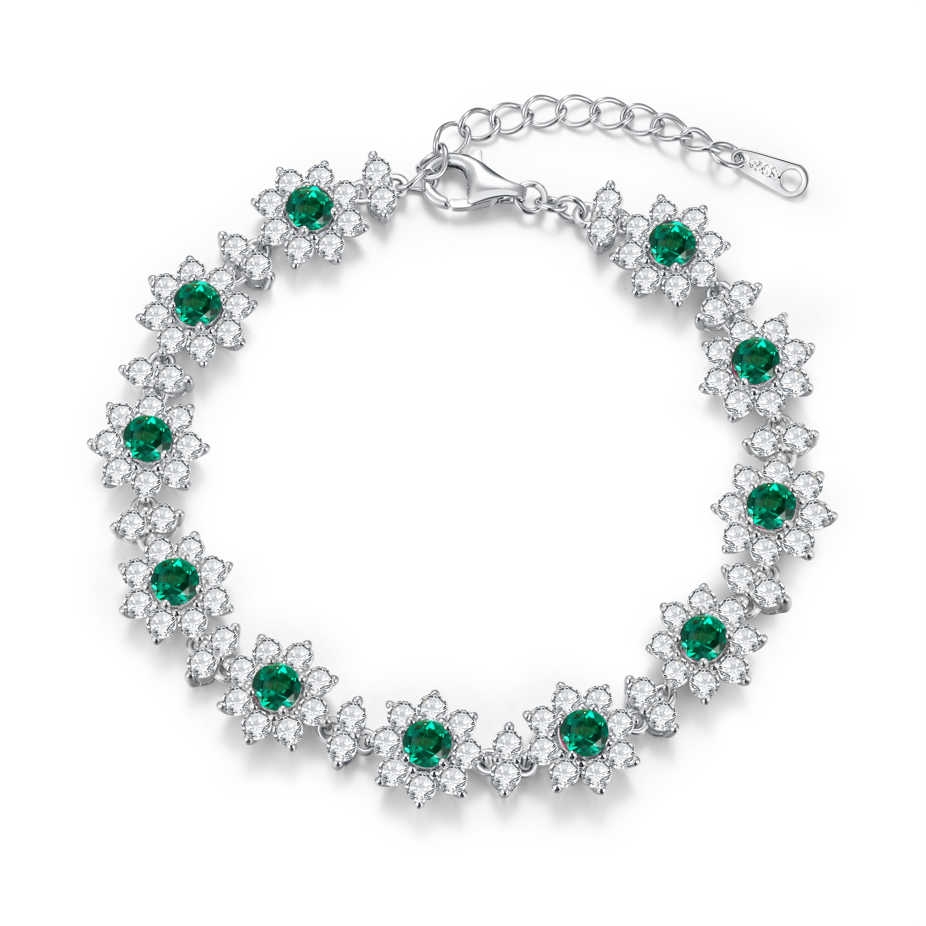 S925 Argent Sterling 4mm Lab-Grown Emerald Ruby Bracelet saphir 16cm Vintage Cluster Pla