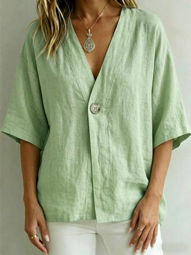 PrintempsÉté Femmes Casual Loose-Fit Solid-Color V-Neck Top avec Boutons