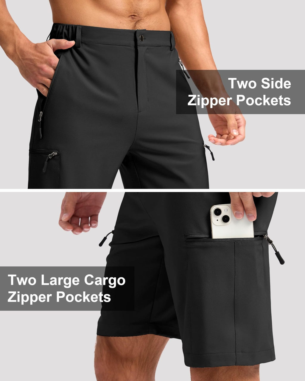 Cargo Shorts homme Multi poches zippées Elastic Waist Quick Dry 2 Couleurs Randonnée en plein air