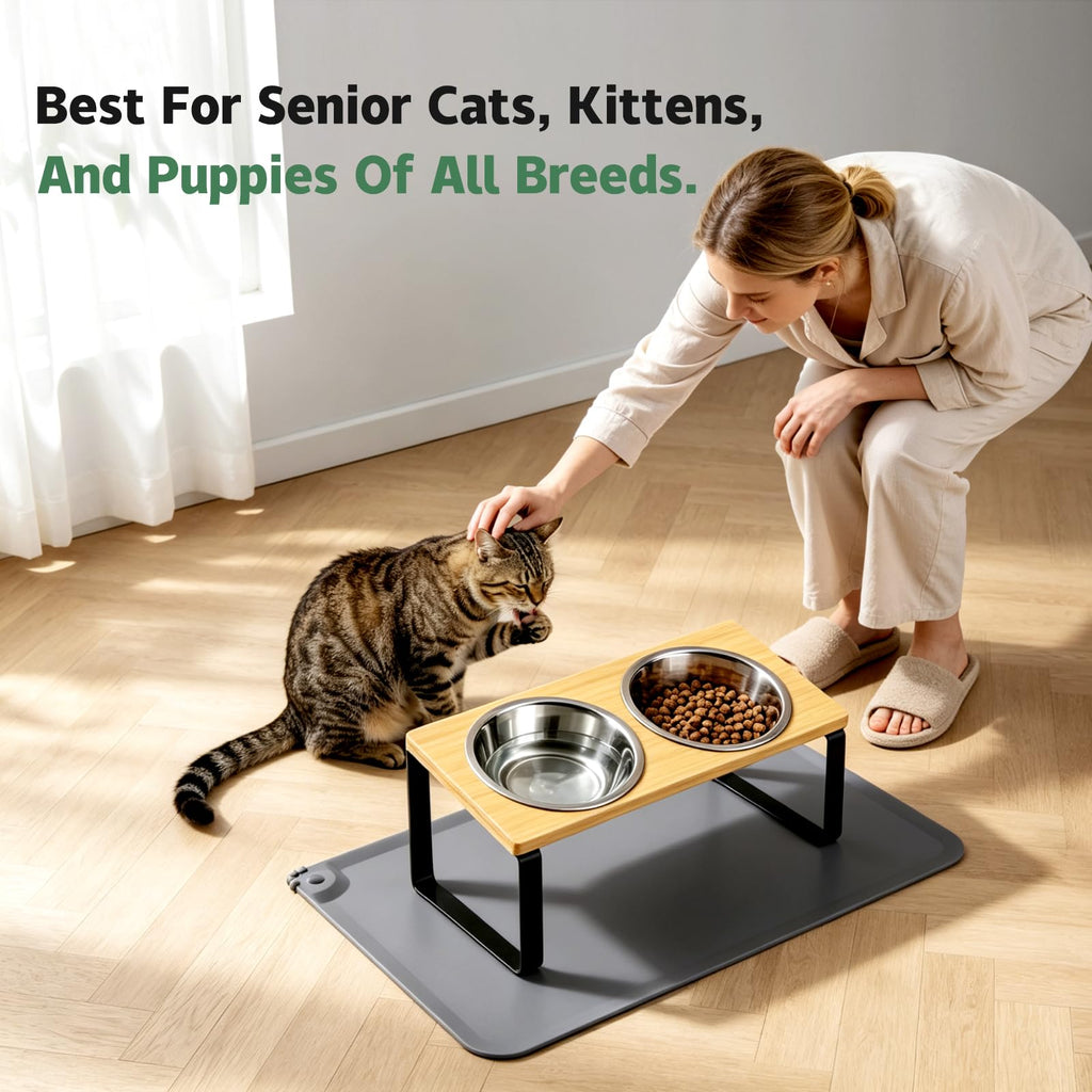 Bols de nourriture de chat incrustés élevés avec tapis