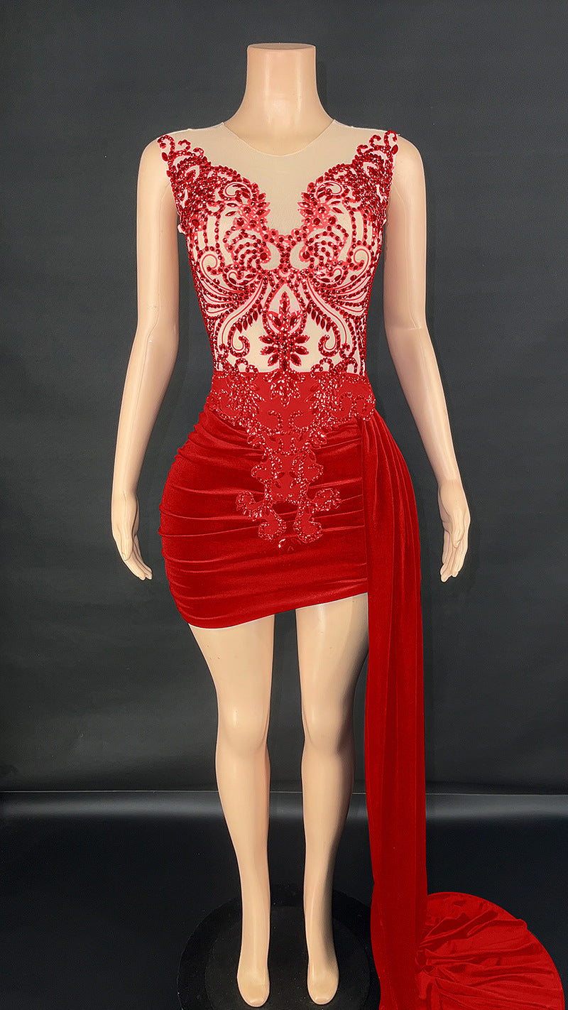 Robe de soirée de luxe d'été Femme Singer Costume de scène Robe senior Jupe latérale Trailing