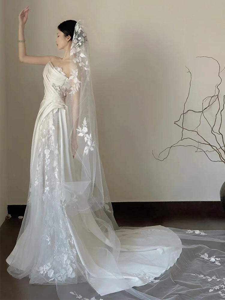Satin Dentelle Veil Tube de mariage Top Robe de mariée en queue de poisson