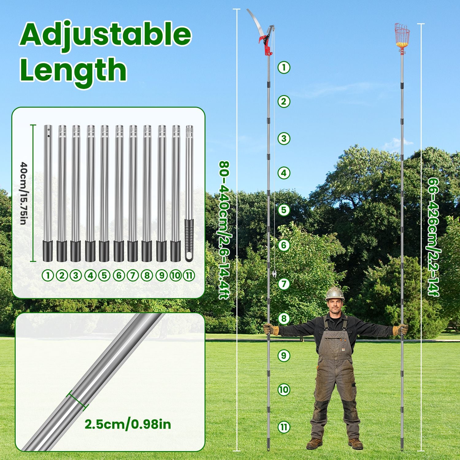 14.4FT OU 10.9FT Option 2-en-1 Picker de scie et de fruits avec Pol en acier inoxydable extensible