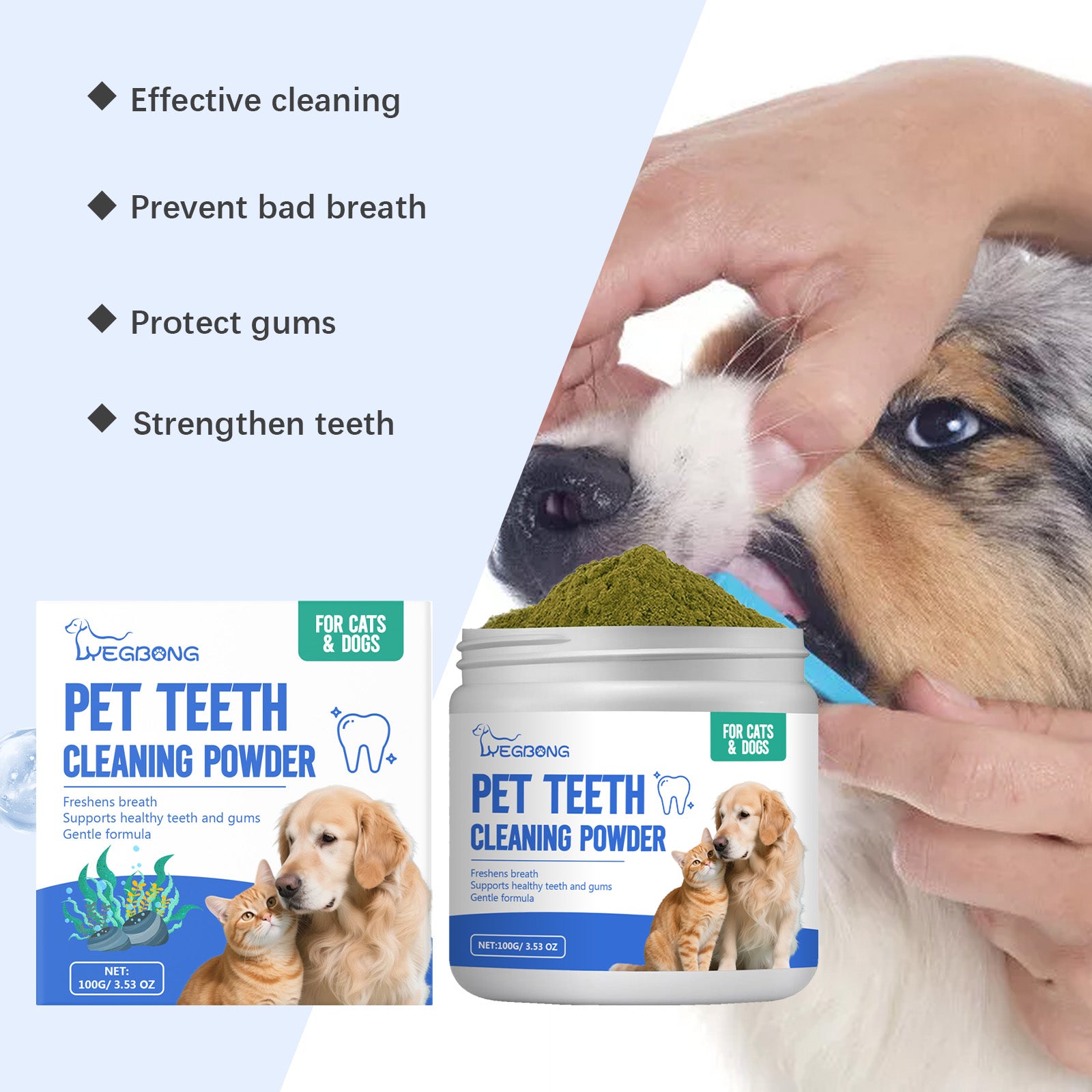 Poudre de nettoyage de dents de chat et de chien