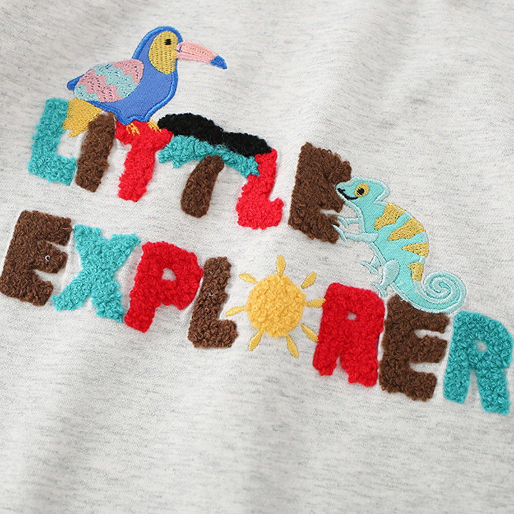 Caricature Animal Col d'équipage Letter-broidered Top pour les jeunes enfants