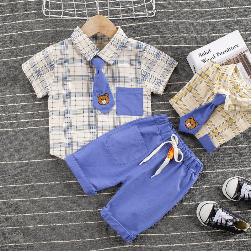 Gentlemans mode Plaid Tie Lapel Shirt and Shorts Ensemble à deux pièces