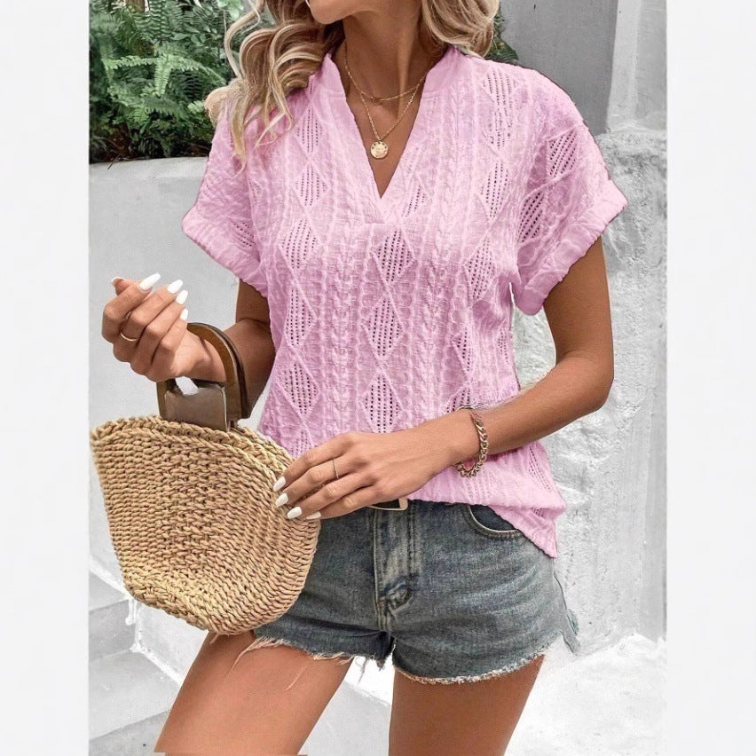 European and American Summer Casual Hollow Jacquard V-Neck Loose Shirt à manches courtes pour W