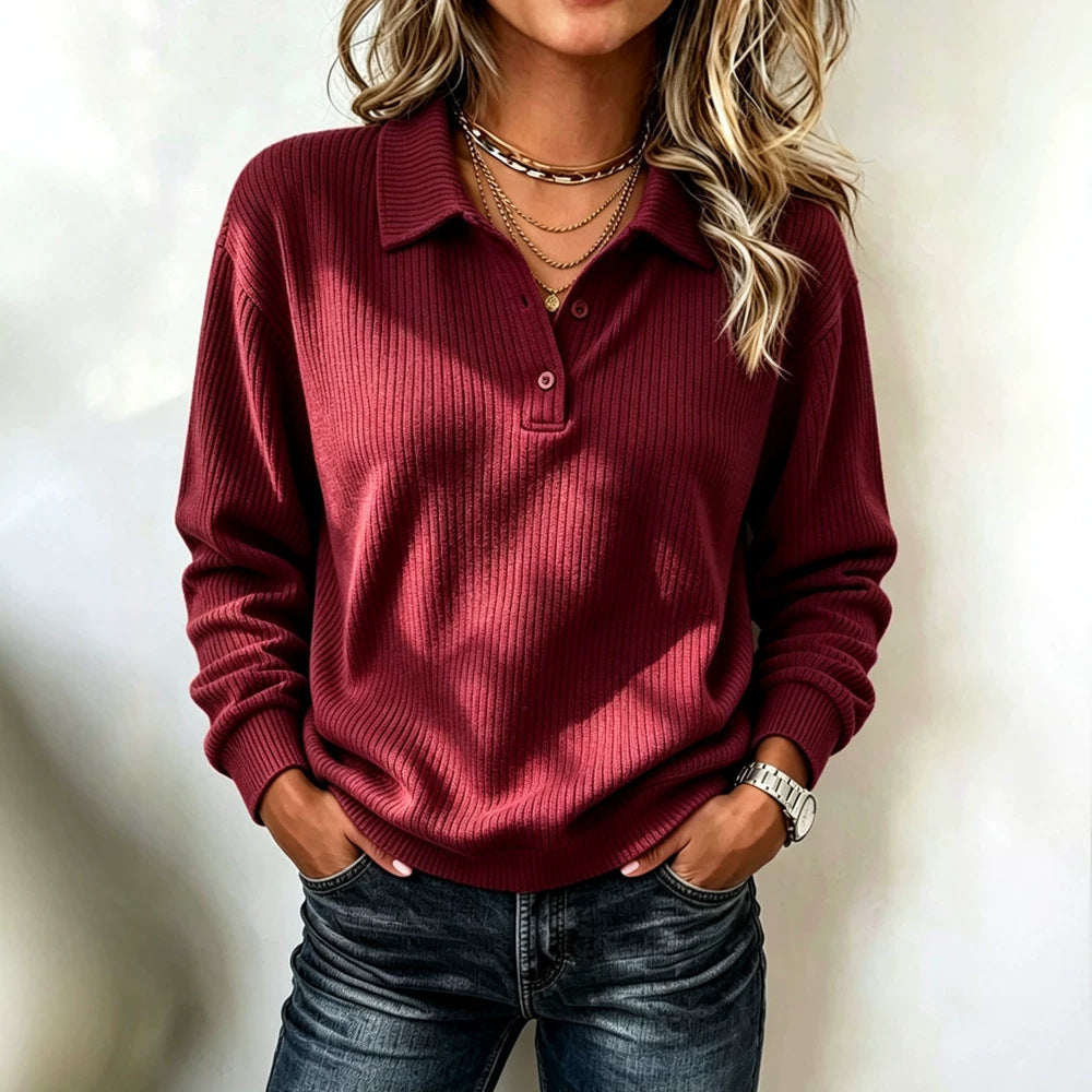 Femmes Lapel à rayures verticales demi-bouton tricoté manches longues Top