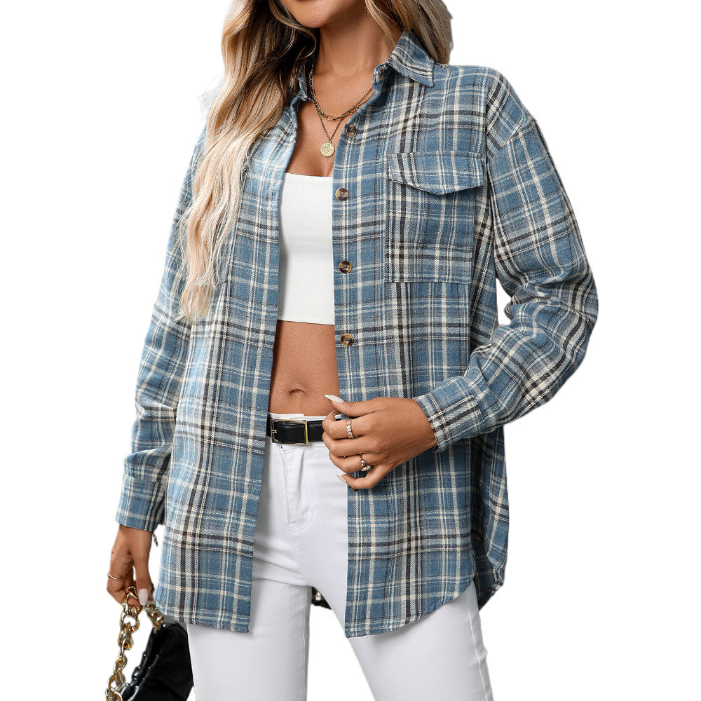 Autumn And Winter European and American Clothing Casual Fashion Loose Plaid Pocket Shirt F