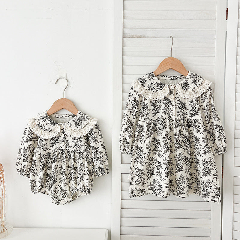 Bébé Floral Romper Robe à manches longues Ensemble sœur