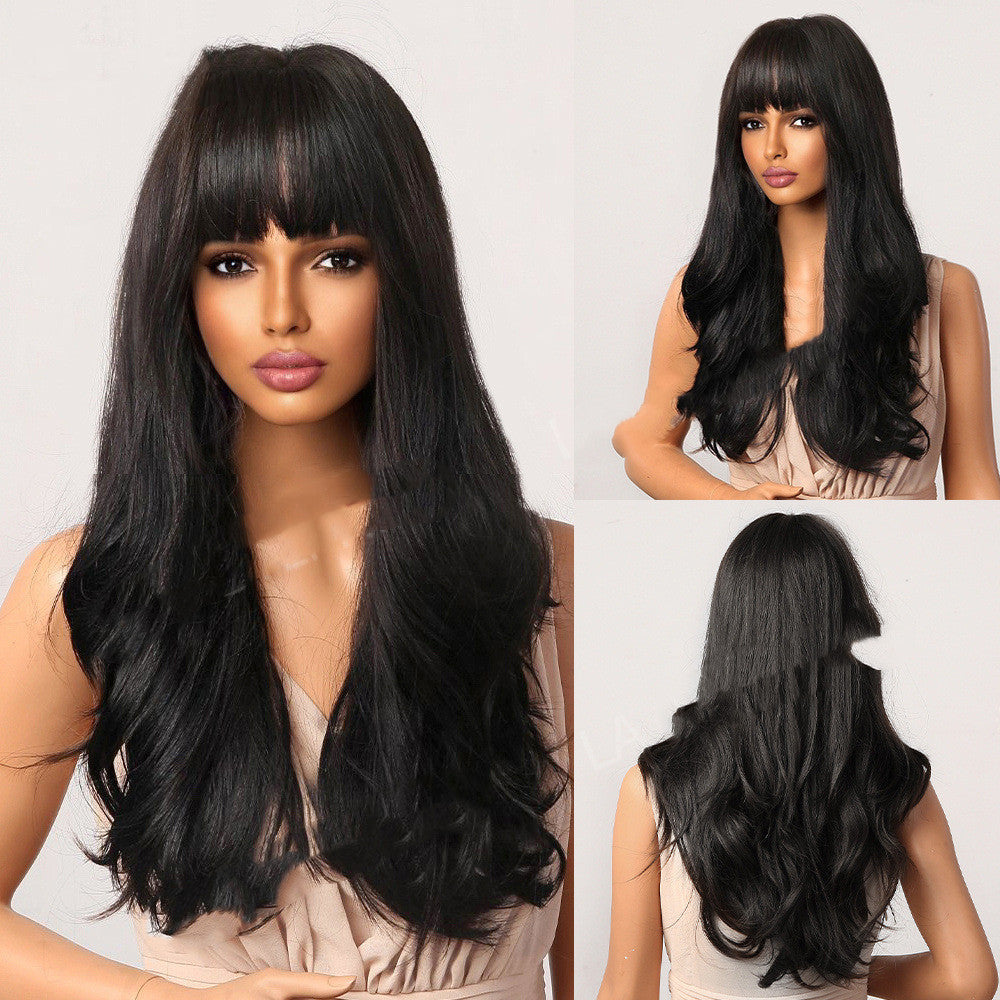 Marron foncé teint Marron clair Bangs Long Curly Perruques Mécanisme Tête