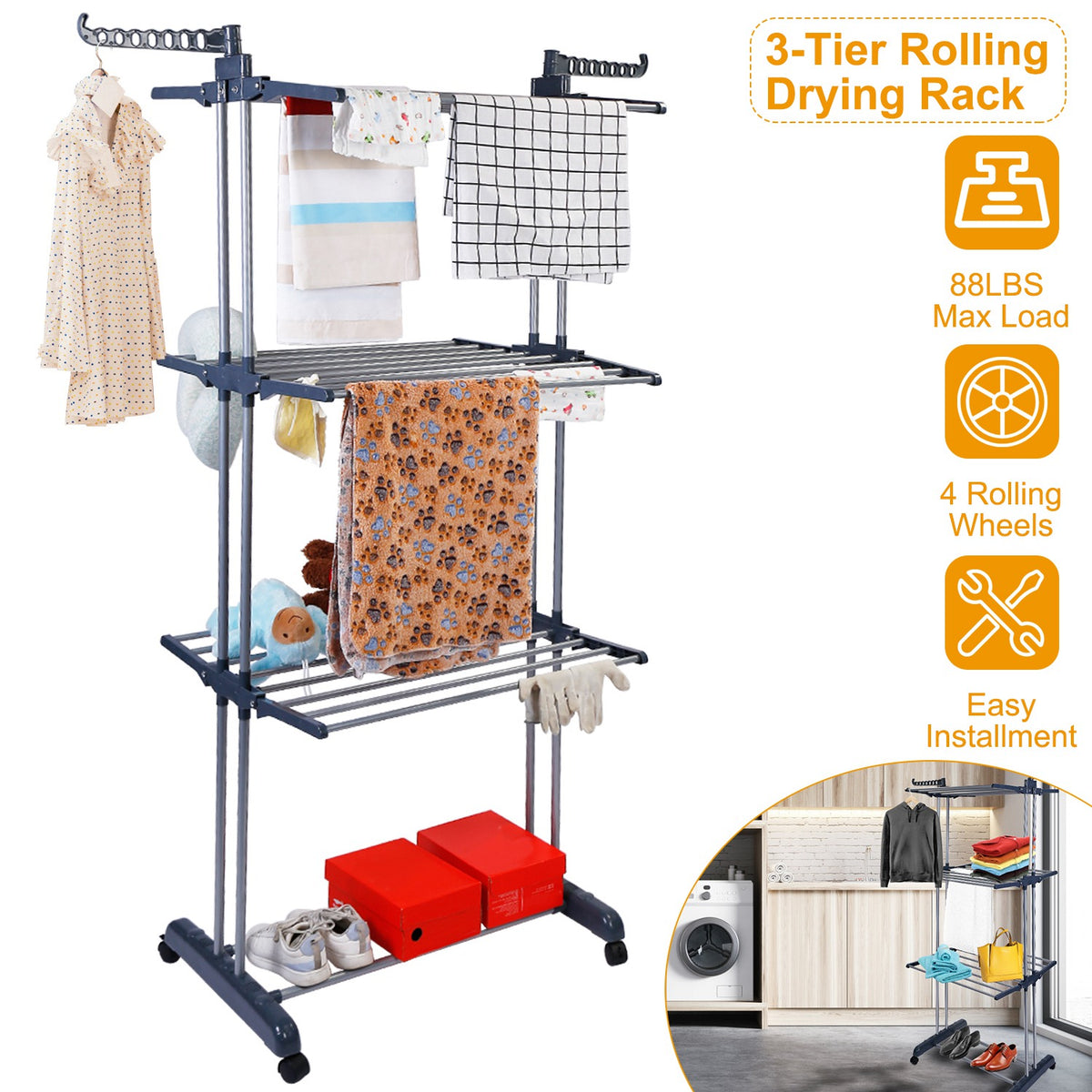1Pc Vêtements Séchage Rack Rolling Lave-linge Collapsible Suspension rail Shelve Wardrob