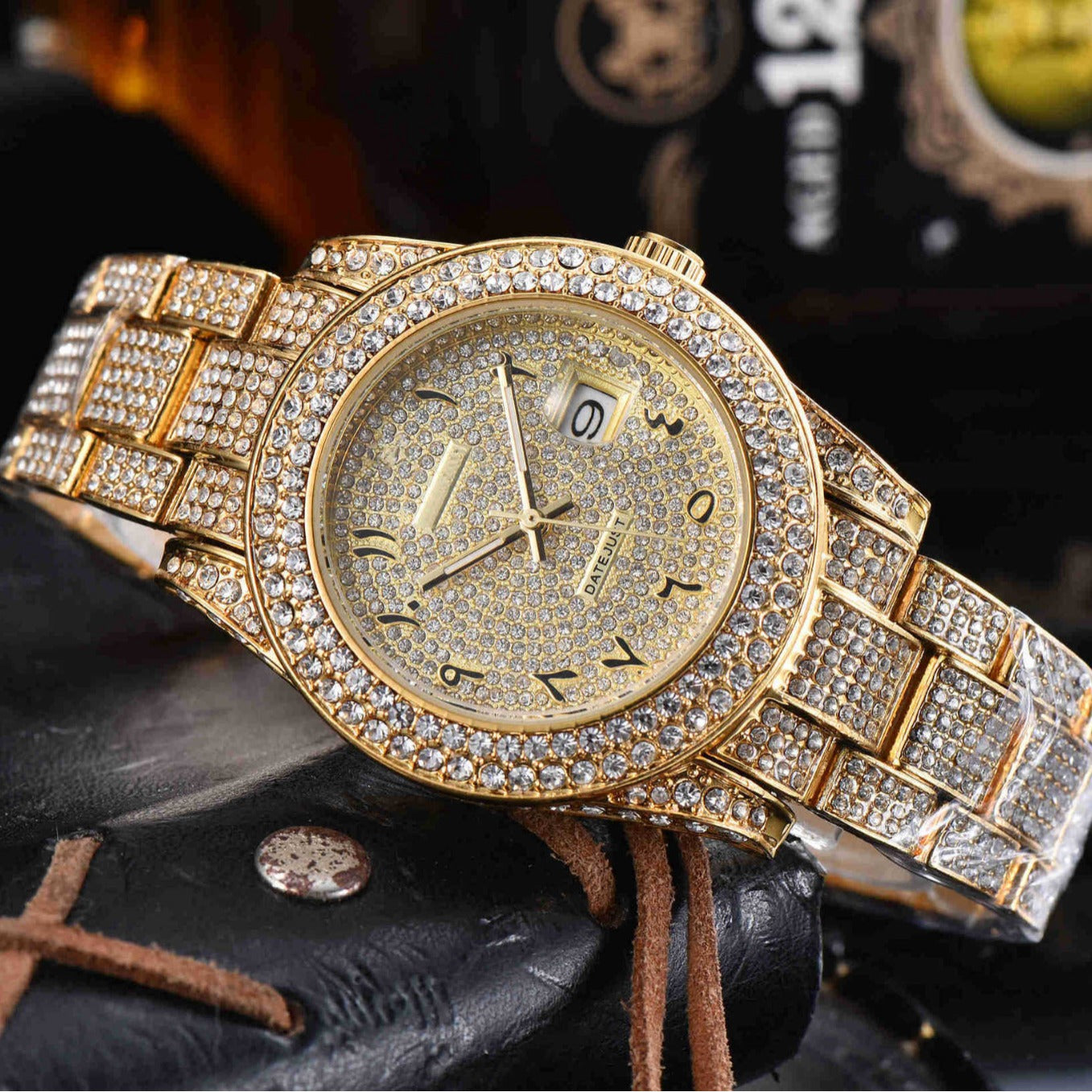 Montre Quartz en acier inoxydable tout diamant pour hommes