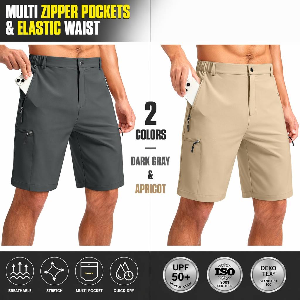 Cargo Shorts homme Multi poches zippées Elastic Waist Quick Dry 2 Couleurs Randonnée en plein air